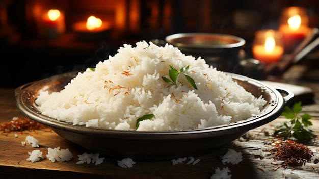 나무 테이블에 있는 접시에 맛있는 맛있는 코코넛 쌀