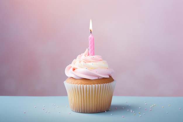 Photo delicious tasty cupcake with cream and birthday candle