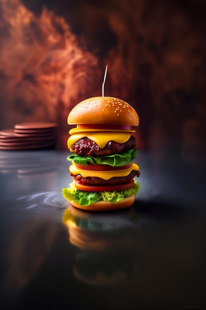 Delicious tasty home made hamburger with meat and cheese and black textured background Concept fast food