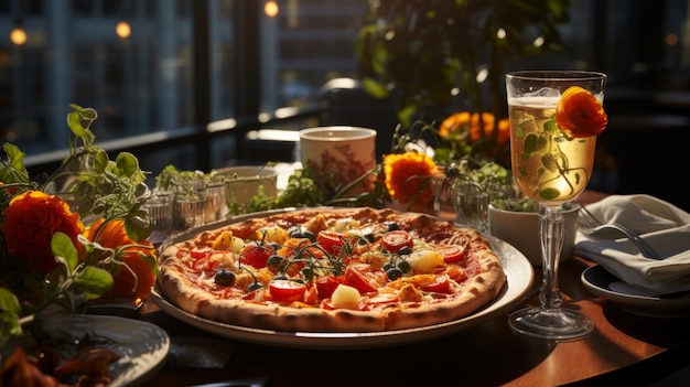 A delicious and tasty Italian pizza with tomatoes and mozzarella on a beautifully served table