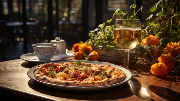美しく仕上げられたテーブルにトマトとモザレラを添えた美味しく美味しいイタリアのピザ