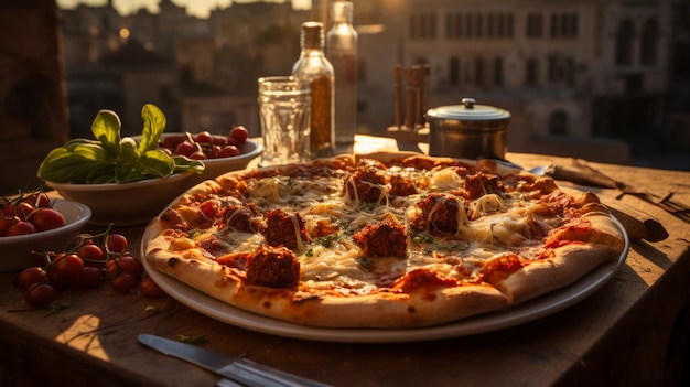 A delicious and tasty Italian pizza with tomatoes and mozzarella on a beautifully served table