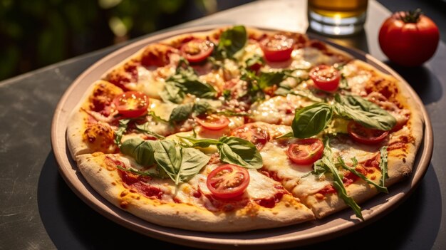 A delicious and tasty Italian pizza with tomatoes and mozzarella on a beautifully served table