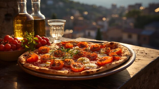 A delicious and tasty Italian pizza with tomatoes and mozzarella on a beautifully served table