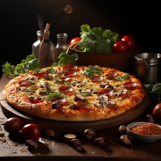 Delicious tasty pizza with ingredients on wooden table