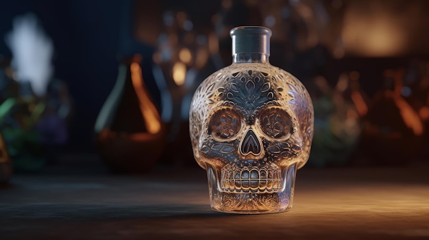 Delicious tequila in skull type bottle standing on a calavera generative AI