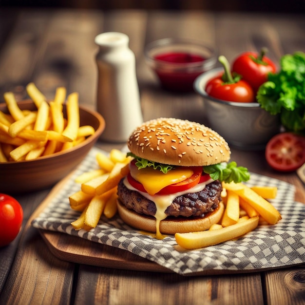 A delicious testy burger amp French fries combo