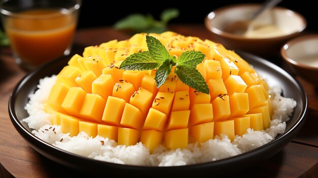 Delicious thai mango sticky rice with cut fresh mango fruit