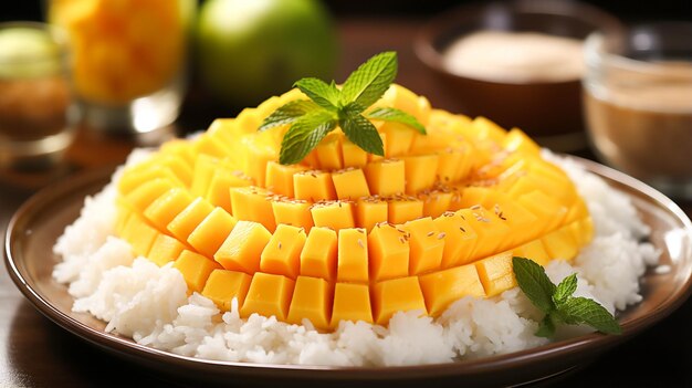 Delicious thai mango sticky rice with cut fresh mango fruit