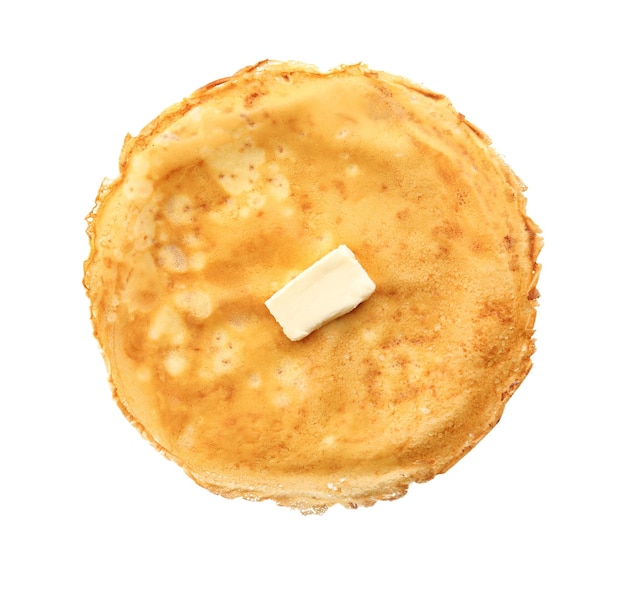 Delicious thin pancake on white background