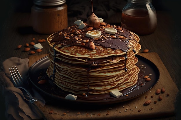 チョコレートとアーモンドが入った生地から作るおいしい薄いパンケーキ