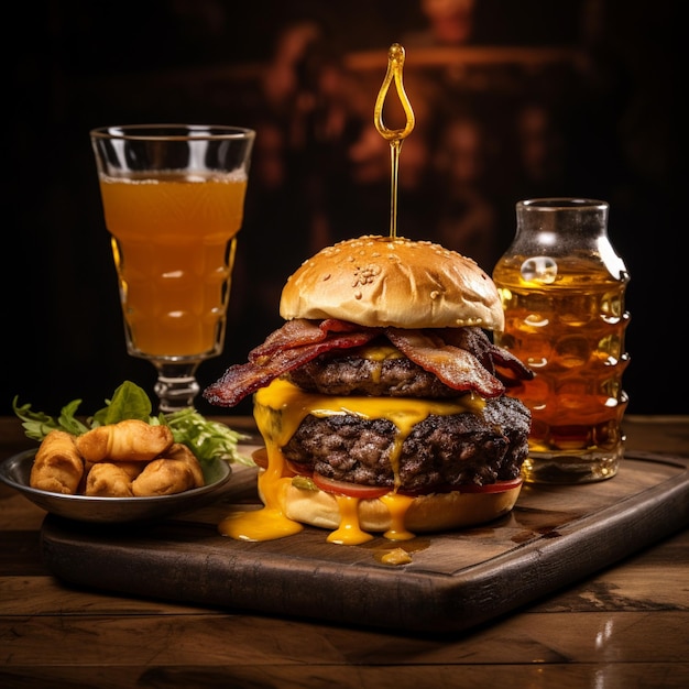 a delicious threemeat burger with bacon and yellow cheese accompanied by a glass of whiskey on the