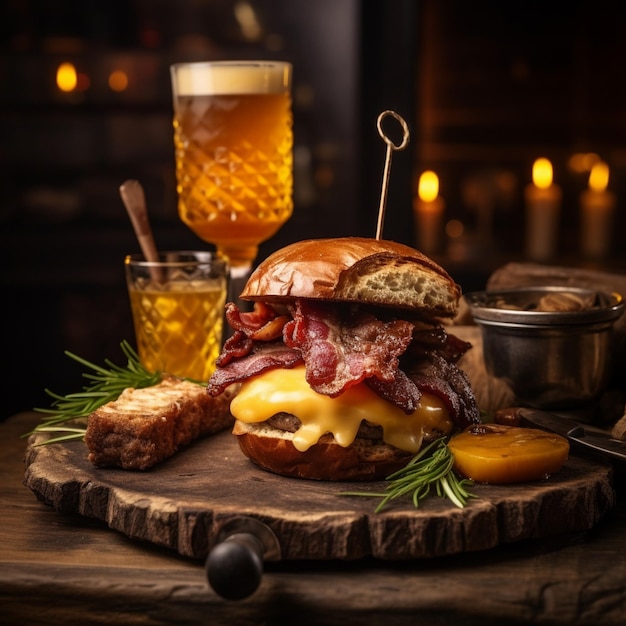 a delicious threemeat burger with bacon and yellow cheese accompanied by a glass of whiskey on the