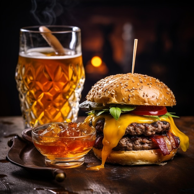 a delicious threemeat burger with bacon and yellow cheese accompanied by a glass of whiskey on the