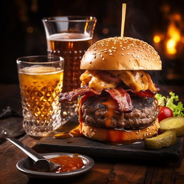 a delicious threemeat burger with bacon and yellow cheese accompanied by a glass of whiskey on the