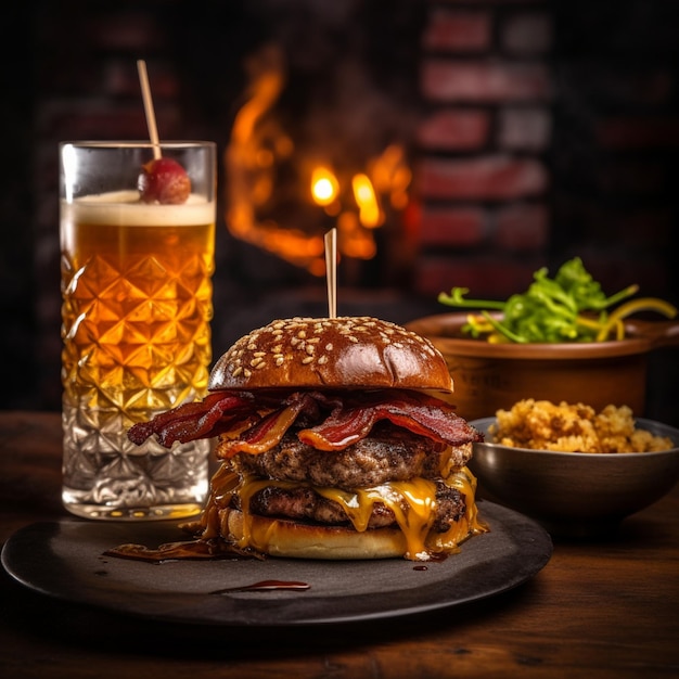 a delicious threemeat burger with bacon and yellow cheese accompanied by a glass of whiskey on the