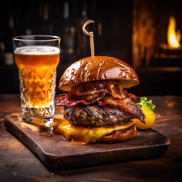 a delicious threemeat burger with bacon and yellow cheese accompanied by a glass of whiskey on the