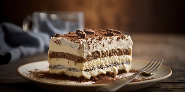 delicious tiramisu on a plate with blurred background