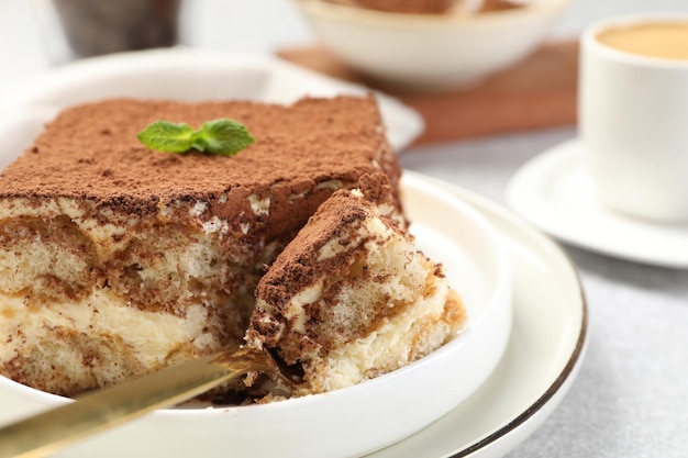 delicious tiramisu with mint on light table closeup
