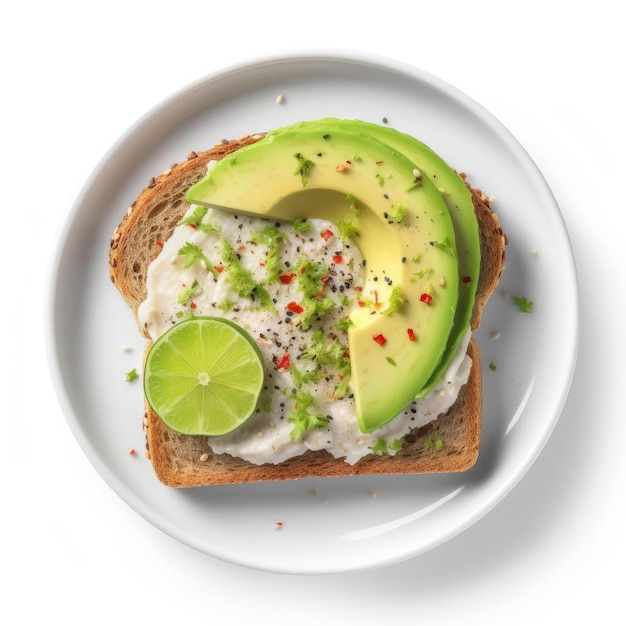 Delicious toast with cream cheese and avocado on white background top view