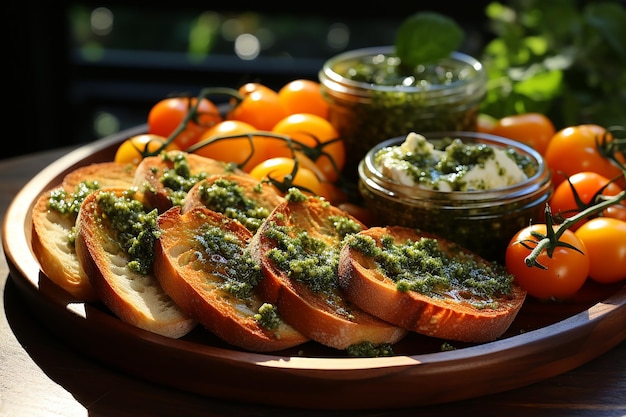 맛있는 토마토와 당근 탑 페스토 브루스케타