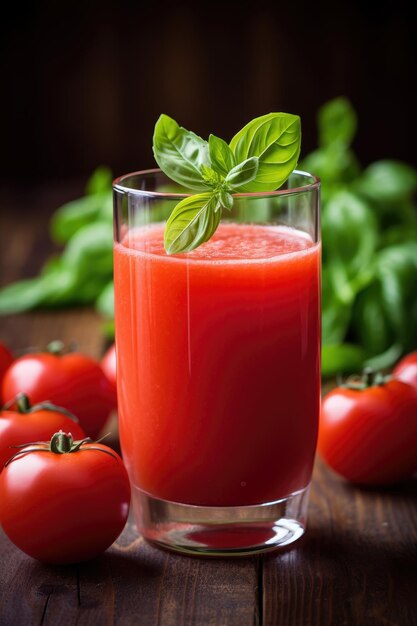 Photo delicious tomato juice with celery on a wooden table in a garden ai generative