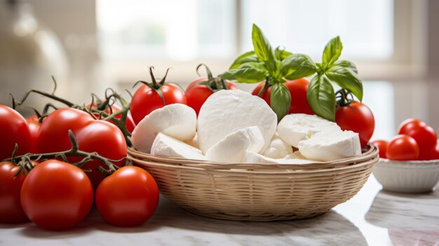 Delicious Tomato and Mozzarella Food Combination Photorealistic Horizontal Illustration Classic and Refreshing Italian Duo Ai Generated bright Illustration with Delicious Tomato and Mozzarella