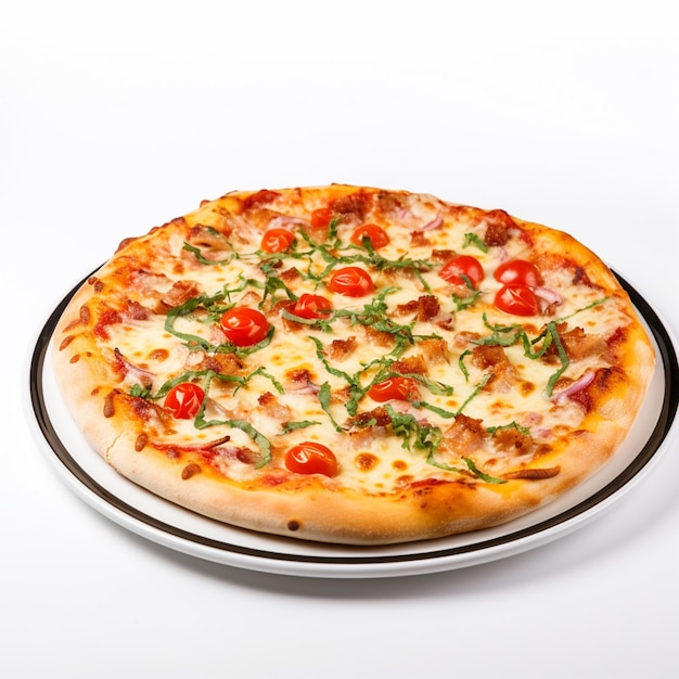 고립 된  ⁇ 색 배경 에 있는 접시 에 맛있는 토마토 피자