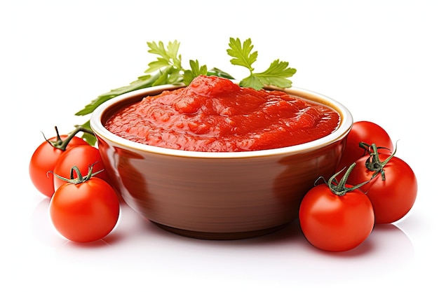 Вкусный томатный соус в миске, изолированной на белом