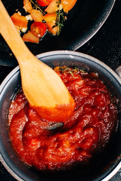 Delicious tomato sauce in the pan photo from above