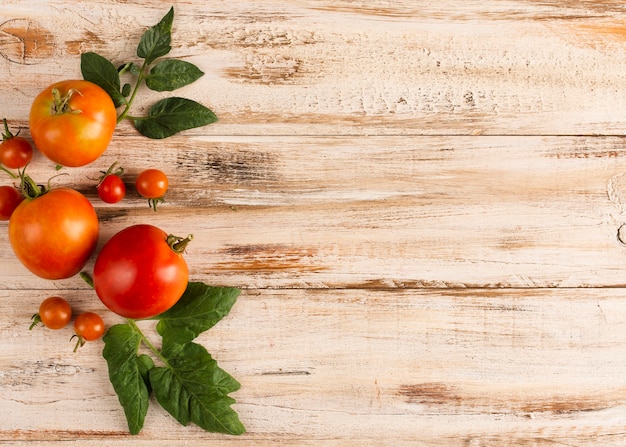 Delicious tomatoes on wooden board with copy space