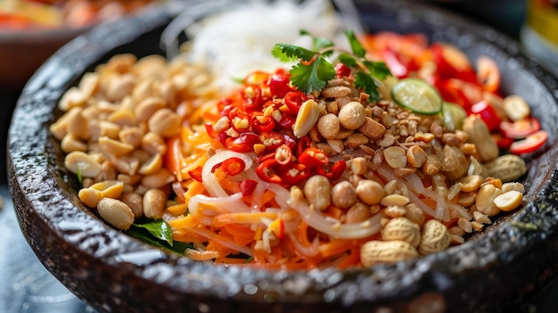 Delicious Traditional Asian Rice Dish with Peanuts Fresh Herbs Spicy Chilies and Savory Sauces