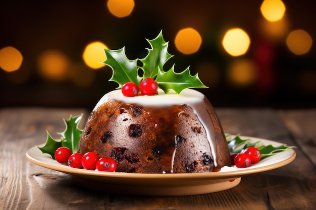 Delicious traditional Christmas Pudding or fruit cake for festive holiday Close up British cuisine Dark background with lights garland