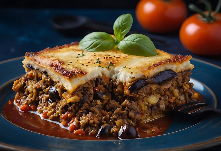 Delicious traditional Greek moussaka with beef mince eggplant and bechamel sauce