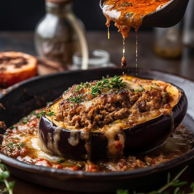 Delicious traditional moussaka stuffed eggplant