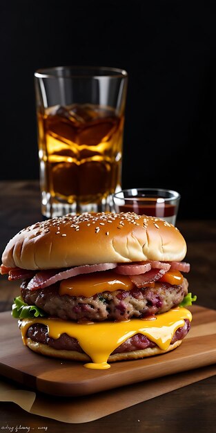 Foto un delizioso hamburger triplo con pancetta e formaggio giallo accompagnato da un bicchiere di whisky.