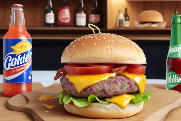 Delicious triple meat burger with bacon and yellow cheese accompanied with a bottle of cold drink o