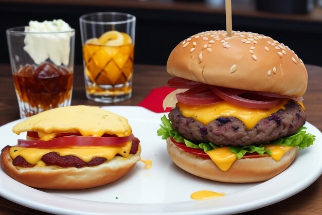 Delicious triple meat burger with bacon and yellow cheese accompanied with a bottle of cold drink o