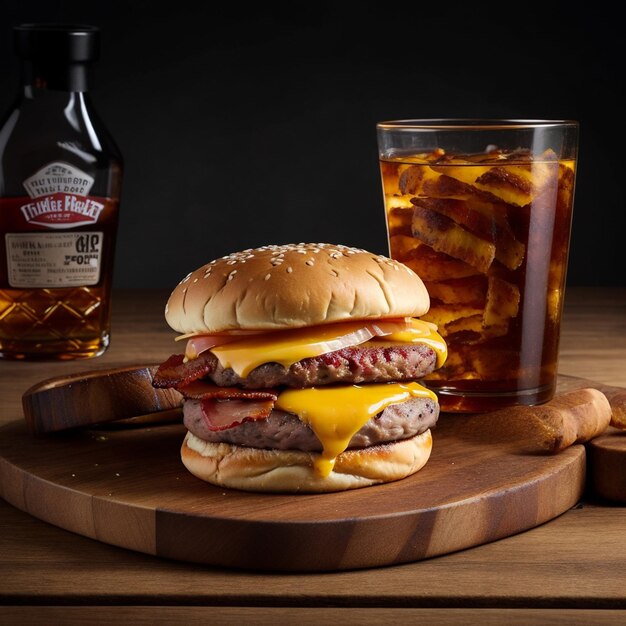 a delicious triple meat burger with bacon and yellow cheese accompanied with a glass of whiskey on