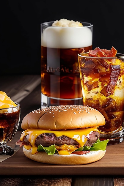 a delicious triple meat burger with bacon and yellow cheese accompanied with a glass of whiskey on