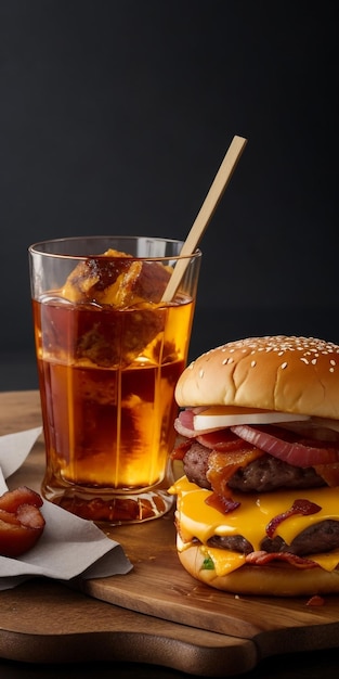 Photo a delicious triple meat burger with bacon and yellow cheese accompanied with a glass of whiskey