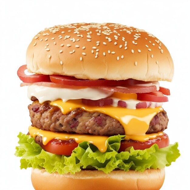 Photo a delicious triple meat burger with bacon and yellow cheese and white background