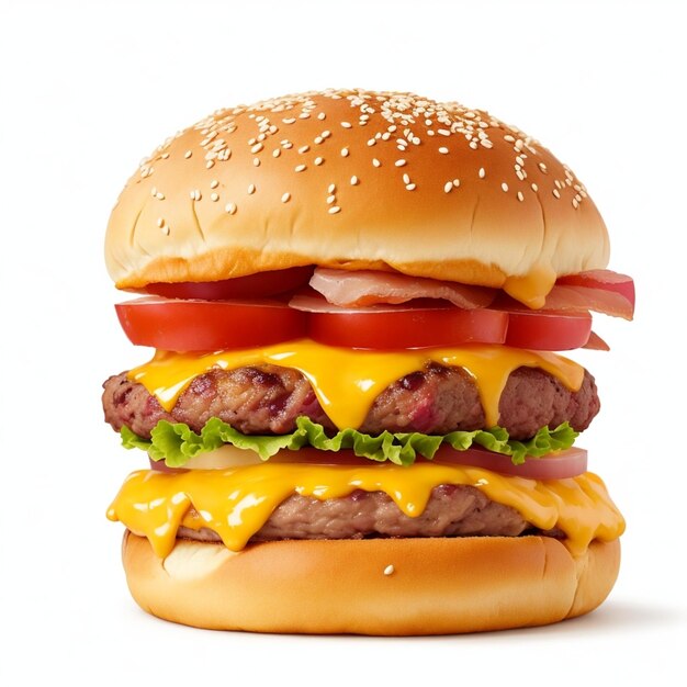 a delicious triple meat burger with bacon and yellow cheese and white background