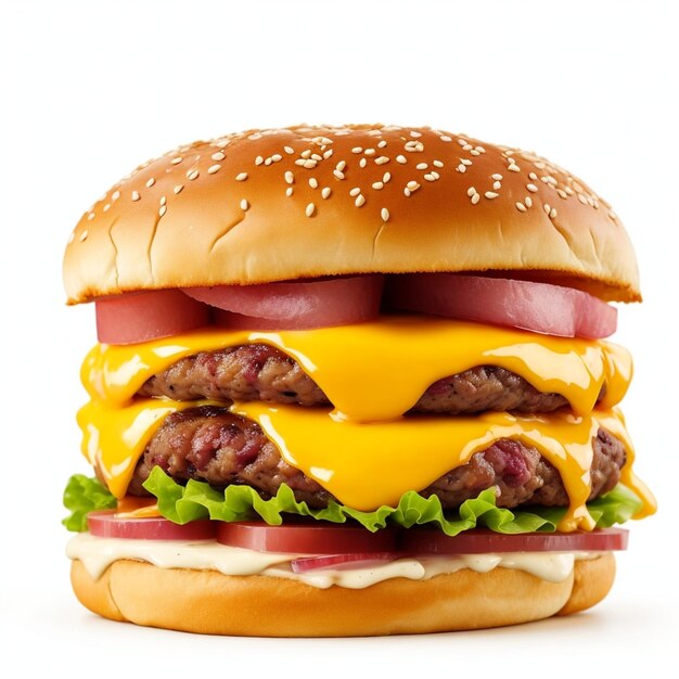 Photo a delicious triple meat burger with bacon and yellow cheese and white background