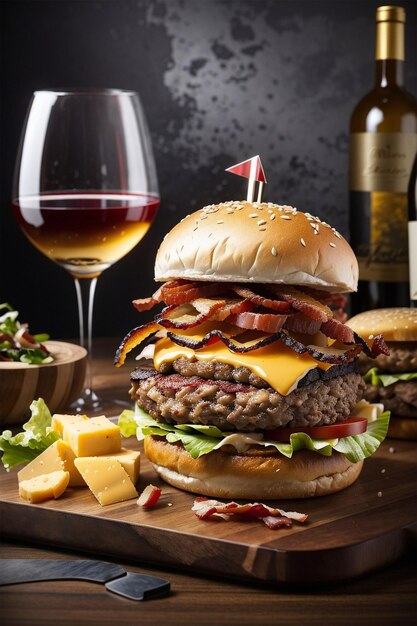 Photo a delicious triple meat burger with bacon and yellow cheese with a glass of wine