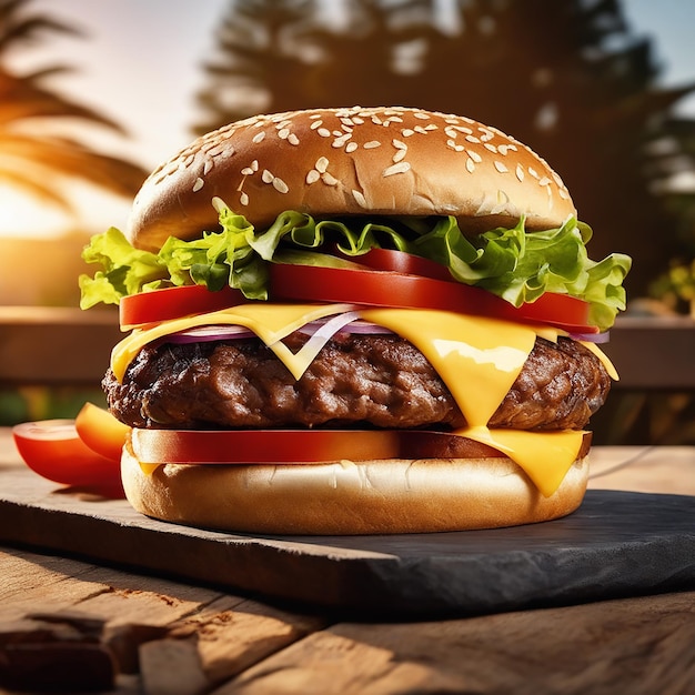 a delicious triple meat burger with yellow cheese accompanied on the rocks cheese thick beef burge
