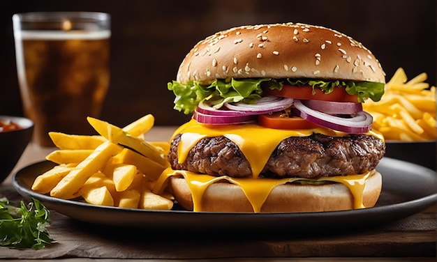 a delicious triple meat burger with yellow cheese accompanied on the rocks cheese thick beef burge