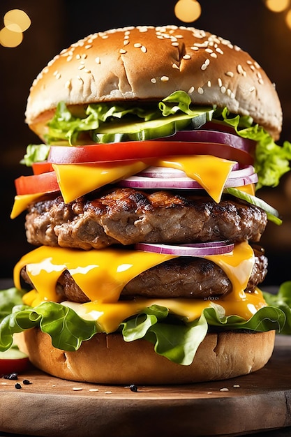 a delicious triple meat burger with yellow cheese accompanied on the rocks cheese thick beef burge