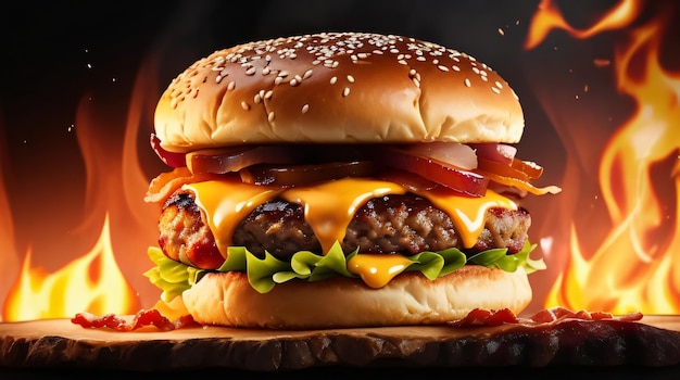 A delicious triple meat hamburger with bacon and yellow cheese fire on background