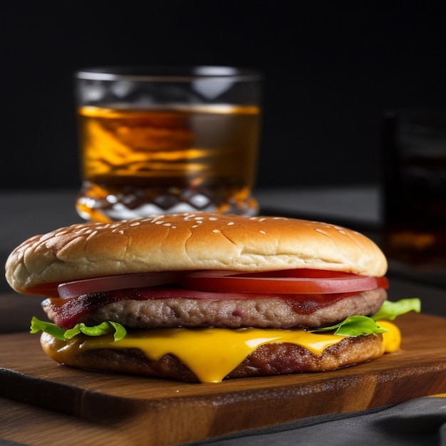 a delicious triple meat hamburger with a glass of whiskey